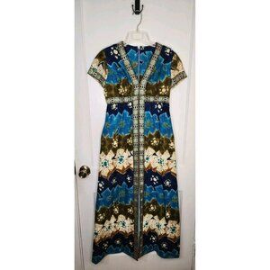 Vintage Miss Magnin Hawaiian Batik 60s MCM Gown Maxi Barkcloth Size Small